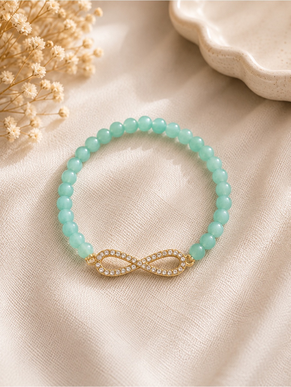 Gold Infinity Charm Mint Green Beaded Bracelet